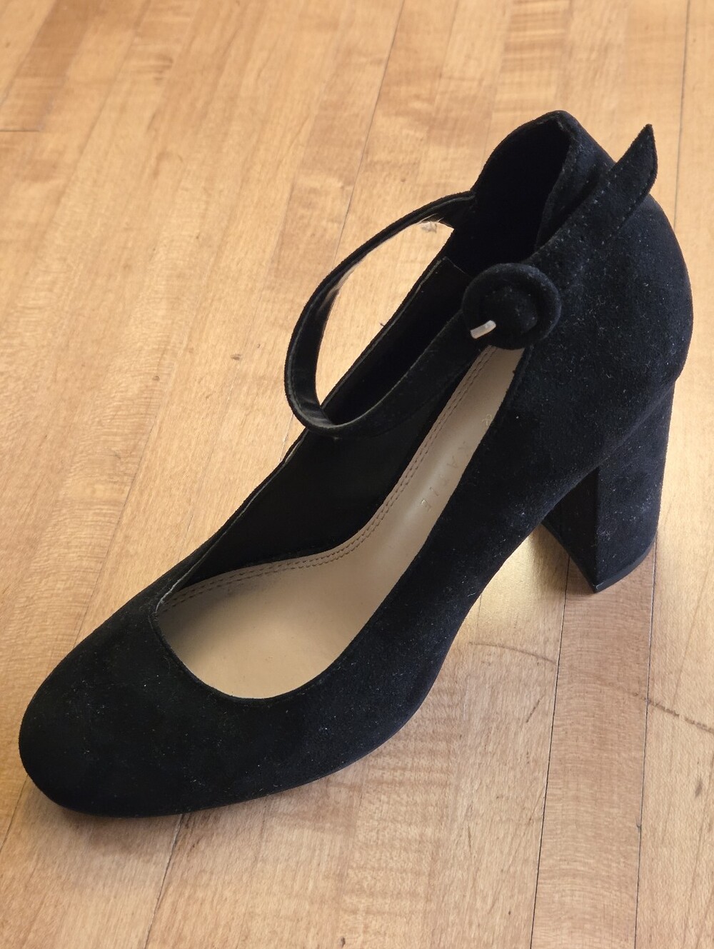 Kelly & Katie Classic Black Suede Mary Jane Block Heel with Rounded Toe, Size 8